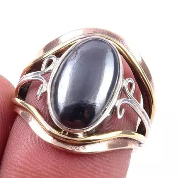 Natural Gunmetal Gemstone Handmade 925 Sterling Silver Two Tone Ring S.5.5 M3P72