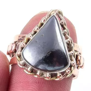 Natural Gunmetal Gemstone Handmade 925 Sterling Silver Two Tone Ring Size 6 S5H00