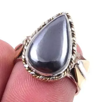 Natural Gunmetal Gemstone Handmade 925 Sterling Silver Two Tone Ring Size 6 R3v58