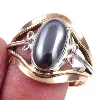 Natural Gunmetal Gemstone Handmade 925 Sterling Silver Two Tone Ring S.10 d1c41
