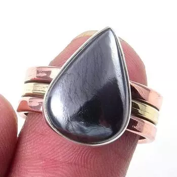 Natural Gunmetal Gemstone Handmade 925 Sterling Silver Two Tone Ring Size 7 B5k26