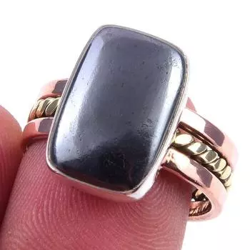 Natural Gunmetal Gemstone Handmade 925 Sterling Silver Two Tone Ring Size 8 b5J96