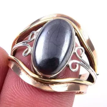 Natural Gunmetal Gemstone Handmade 925 Sterling Silver Two Tone Ring Size 7 I8k33
