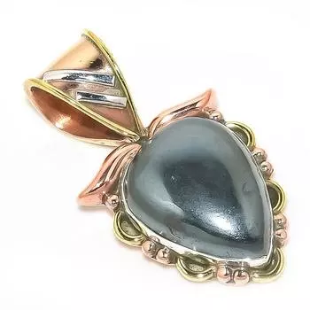 Natural Gunmetal Gemstone Two Tone 925 Solid Sterling Silver Pendant 1.25 M9Z90