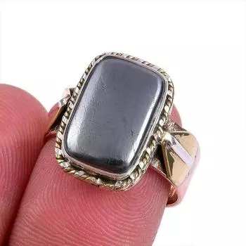 Natural Gunmetal Gemstone Two Tone 925 Sterling Silver Jewelry Ring Size 7 F2S47
