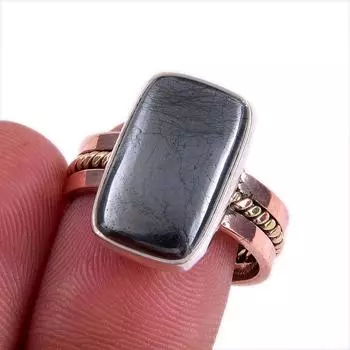 Natural Gunmetal Gemstone Two Tone 925 Sterling Silver Jewelry Ring Size 8 m8E29