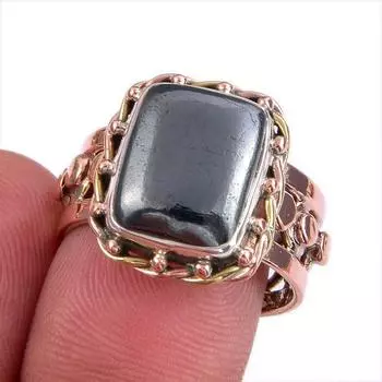 Natural Gunmetal Gemstone Two Tone 925 Sterling Silver Jewelry Ring S.7.5 J9J96