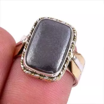 Natural Gunmetal Gemstone Two Tone 925 Sterling Silver Jewelry Ring Size 7 A0o25