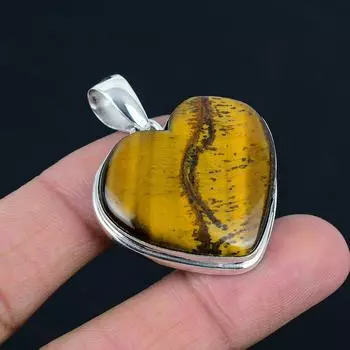 Natural Heart Shape Tiger s Eye Gemstone Pendant, 925 Sterling Silver, Pendant Jewelry, Handmade Silver Pendant Jewelry for Gift, Easter Gift жёлтый
