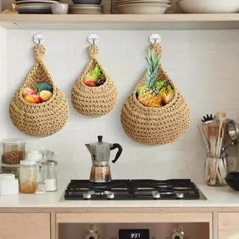 Natural Hemp Rope Wall Hanging Basket Hand Woven Storage Basket for Fruit Vegetable Potato Flower Home Kitchen Storage Baskets