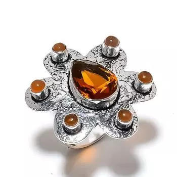 Natural Honey Topaz, Carnelian Gemstone 925 Sterling Silver Ring Size 8 f6E54