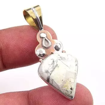 Natural Howlite Gemstone 925 Solid Sterling Silver Two Tone Pendant 1.75 O0H17