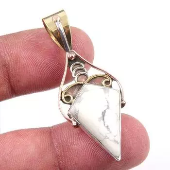 Natural Howlite Gemstone 925 Solid Sterling Silver Two Tone Pendant 1.75 K3n21
