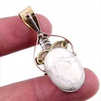 Natural Howlite Gemstone 925 Solid Sterling Silver Two Tone Pendant 1.5 z6l96