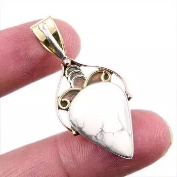 Natural Howlite Gemstone 925 Solid Sterling Silver Two Tone Pendant 1.75 T1C18