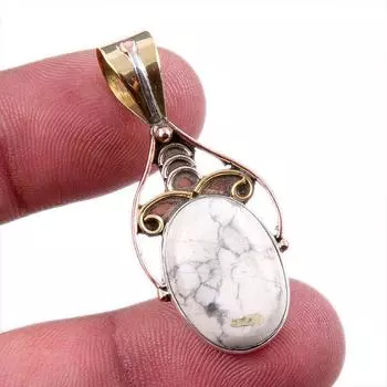 Natural Howlite Gemstone 925 Solid Sterling Silver Two Tone Pendant 1.75 W2i09