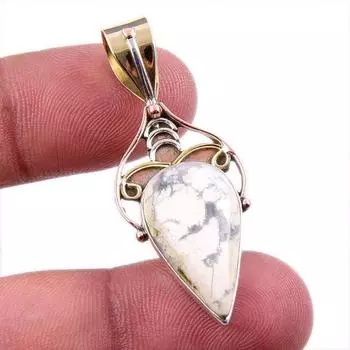 Natural Howlite Gemstone 925 Solid Sterling Silver Two Tone Pendant 1.75 t5P02