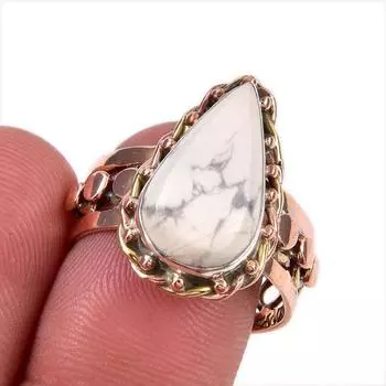 Natural Howlite Jasper Gemstone 925 Solid Sterling Silver Two Tone Ring S.8 p0P44