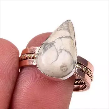 Natural Howlite Jasper Gemstone 925 Solid Sterling Silver TwoTone Ring S.10 Y8V13