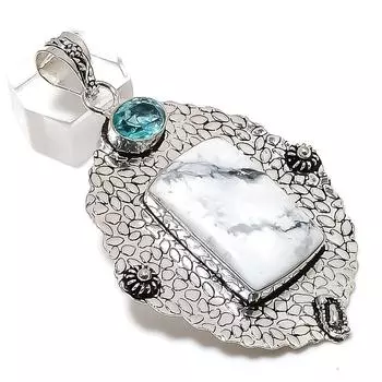 Natural Howlite Jasper, Topaz 925 Sterling Silver Jewelry Pendant 2.88 P3j52