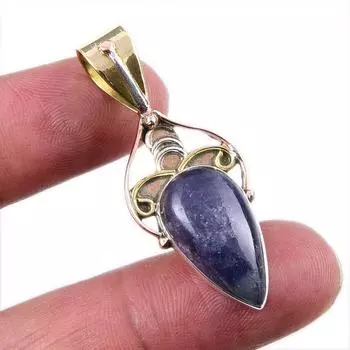 Natural Iolite Gemstone 925 Solid Sterling Silver Two Tone Pendant 1.75 L5J41