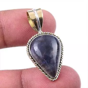 Natural Iolite Gemstone 925 Solid Sterling Silver Two Tone Pendant 1.25 s0J09