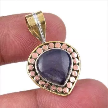 Natural Iolite Gemstone 925 Solid Sterling Silver Two Tone Pendant 1.25 u0J80