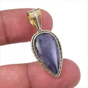 Natural Iolite Gemstone 925 Solid Sterling Silver Two Tone Pendant 1.50 Y0U78