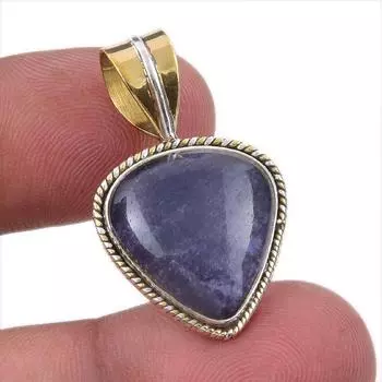 Natural Iolite Gemstone 925 Solid Sterling Silver Two Tone Pendant 1.25 v2c28