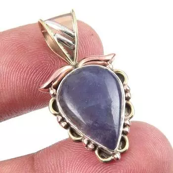 Natural Iolite Gemstone 925 Solid Sterling Silver Two Tone Pendant 1.25 W5E81
