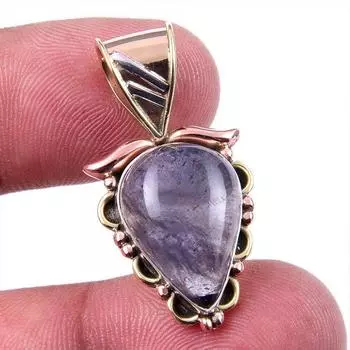 Natural Iolite Gemstone 925 Solid Sterling Silver Two Tone Pendant 1.25 v6M70