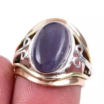 Natural Iolite Gemstone Handmade 925 Solid Silver Two Tone Ring Size 5.5US y8n80