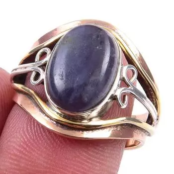 Natural Iolite Gemstone Handmade 925 Sterling Silver Two Tone Ring Size 8 W4E66