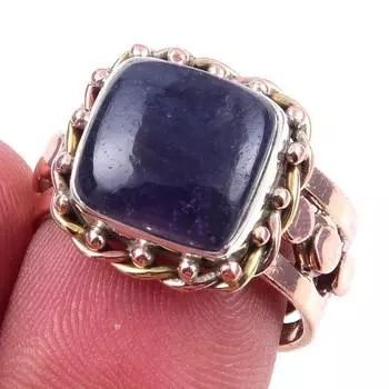 Natural Iolite Gemstone Handmade 925 Sterling Silver Two Tone Ring Size 7 V6s04
