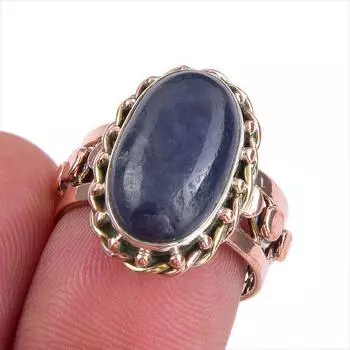 Natural Iolite Gemstone Two Tone 925 Sterling Silver Jewelry Ring Size 7.5 u0E66