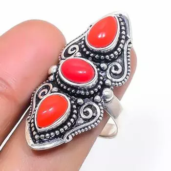 Natural Italian Red Coral Gemstone 925 Sterling Silver Jewelry Ring Size 9 L1Q45