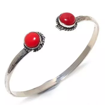 Natural Italian Red Coral Gemstone Handmade Cuff Bracelet Adjustable M4s93