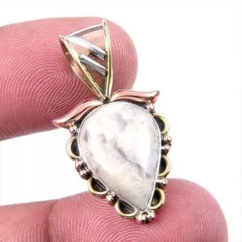 Natural Jasper Gemstone 925 Solid Sterling Silver Two Tone Pendant 1.25 d0M06