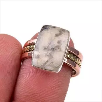 Natural Jasper Gemstone 925 Solid Sterling Silver Jewelry Two Tone Ring S.7 r1k77