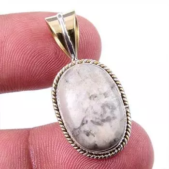 Natural Jasper Gemstone 925 Solid Sterling Silver Two Tone Pendant 1.25 E6T49