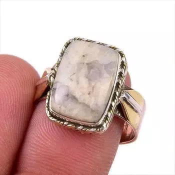Natural Jasper Gemstone 925 Solid Sterling Silver Jewelry Two Tone Ring S.8 n9c42