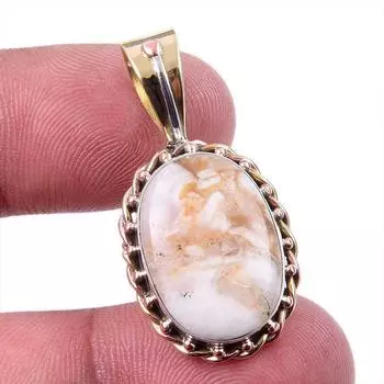 Natural Jasper Gemstone 925 Solid Sterling Silver Two Tone Pendant 1.25 g1K62