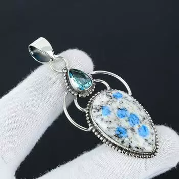 Natural K2 Azurite Gemstone Silver Pendant in 925 Sterling Silver- Handmade Design, Everyday Wear Jewelry, Unique Blue Topaz Pendant Gift For Her 2.55 белый
