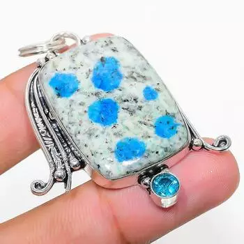 Natural K2 Blue Azurite, Blue Topaz 925 Sterling Silver Pendant 2.25 B4J00
