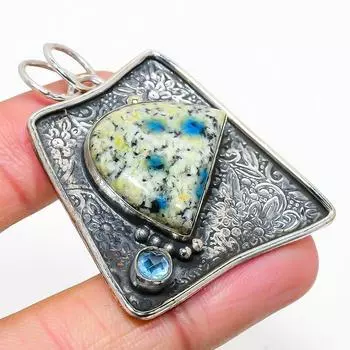 Natural K2 Blue Azurite,Blue Topaz Stone 925 Sterling Silver Pendant 2.01 l9W55