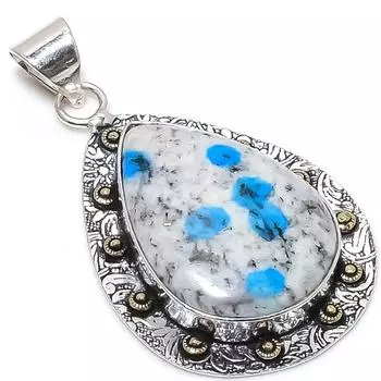 Natural K2 Blue Azurite Gemstone 925 Sterling Silver Two Tone Pendant 2.32 N4A57