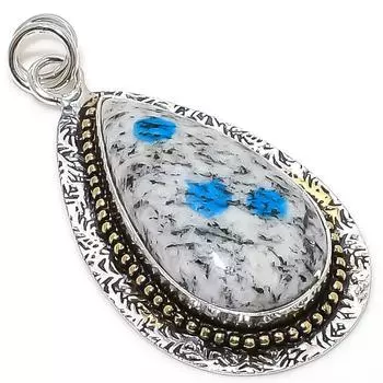 Natural K2 Blue Azurite Gemstone 925 Sterling Silver Two Tone Pendant 2.25 T6Z51