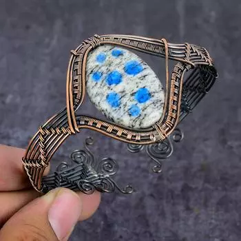 Natural K2 Blue Azurite Gemstone Copper Wire Wrap Cuff Bangle Adjustable w7U58