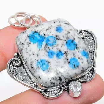 Natural K2 Blue Azurite, White Topaz 925 Sterling Silver Pendant 2.05 E6H12