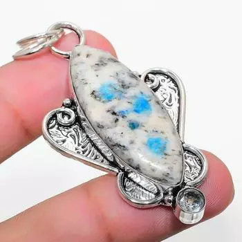 Natural K2 Blue Azurite, White Topaz 925 Sterling Silver Pendant 2.48 T9Q15